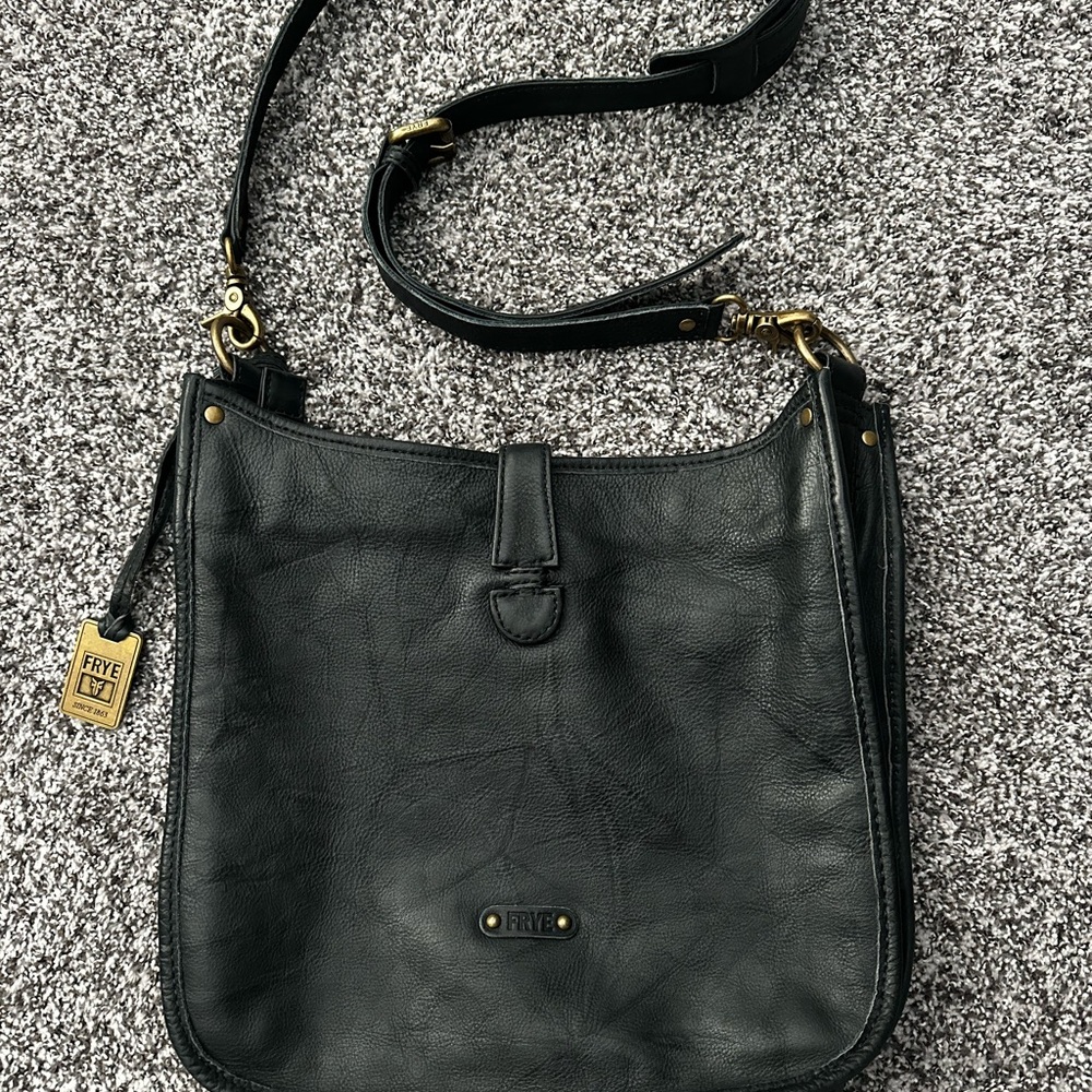 Frye Black Leather Shoulder Bag with Gold Hardware
